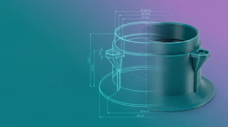 Leuchtende CAD-Konstruktionslinien eines Abluftanschlusses gehen in das echte, in Petrol gedruckte Bauteil über, vor einem Verlauf von Petrol zu Flieder
