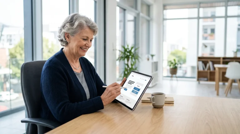 Ältere Frau sitzt im hellen Büro am Schreibtisch und bedient eine gut lesbare Website auf dem Tablet