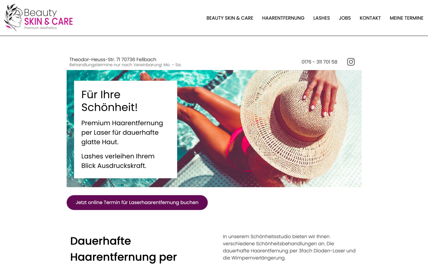 Startseite der Webseite von Beauty Skin and Care, Kosmetikstudio in Fellbach