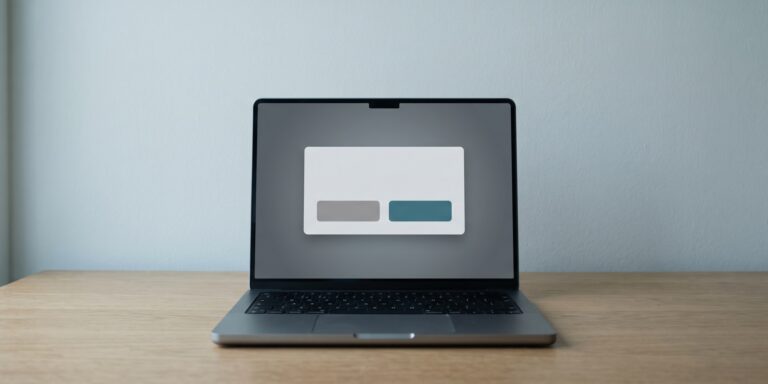 Laptop auf einem Schreibtisch, auf dem Bildschirm ein geöffnetes Cookie-Banner mit zwei gleich großen Schaltflächen