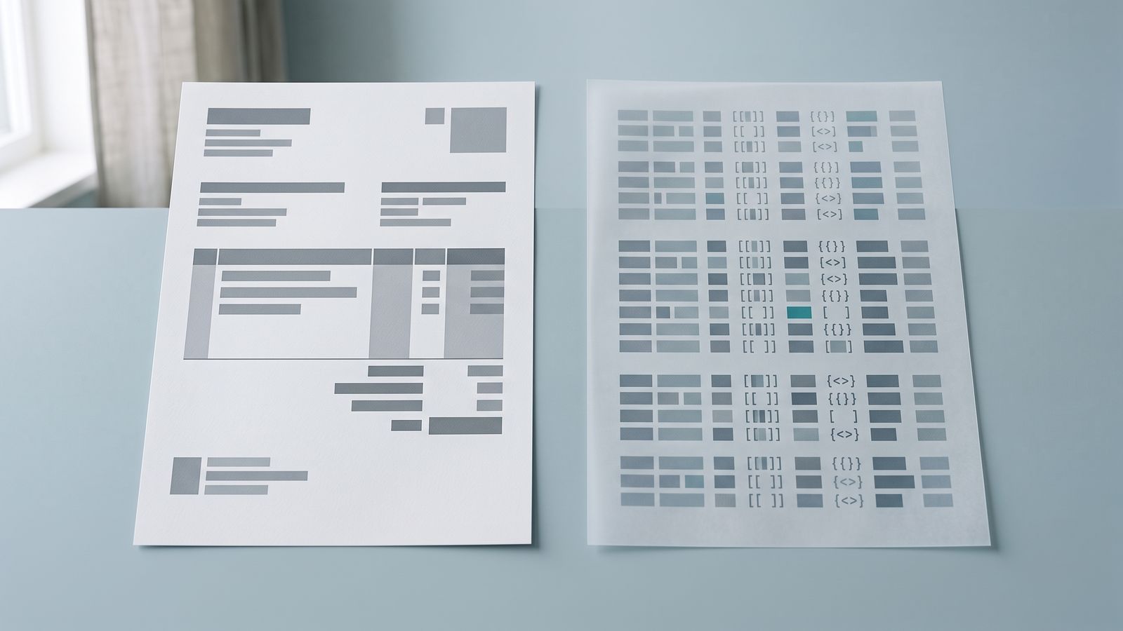 Stillleben: zwei Blätter auf blaugrauem Grund, links eine Rechnung aus grauen Balken und Feldern, rechts ein durchscheinendes Blatt mit einem Raster aus Datenfeldern und Klammerzeichen