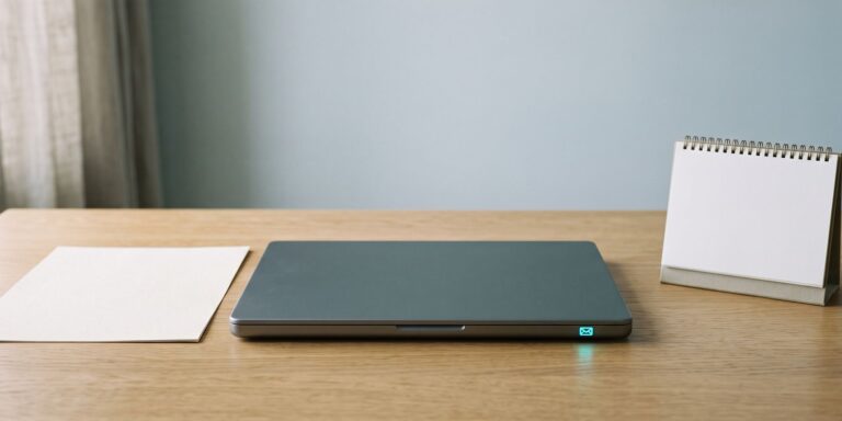 Stillleben: aufgeräumter Holzschreibtisch vor blaugrauer Wand, links ein leeres Blatt Papier, in der Mitte ein zugeklappter Laptop mit leuchtendem Briefsymbol, rechts ein Tischkalender mit leeren Blättern
