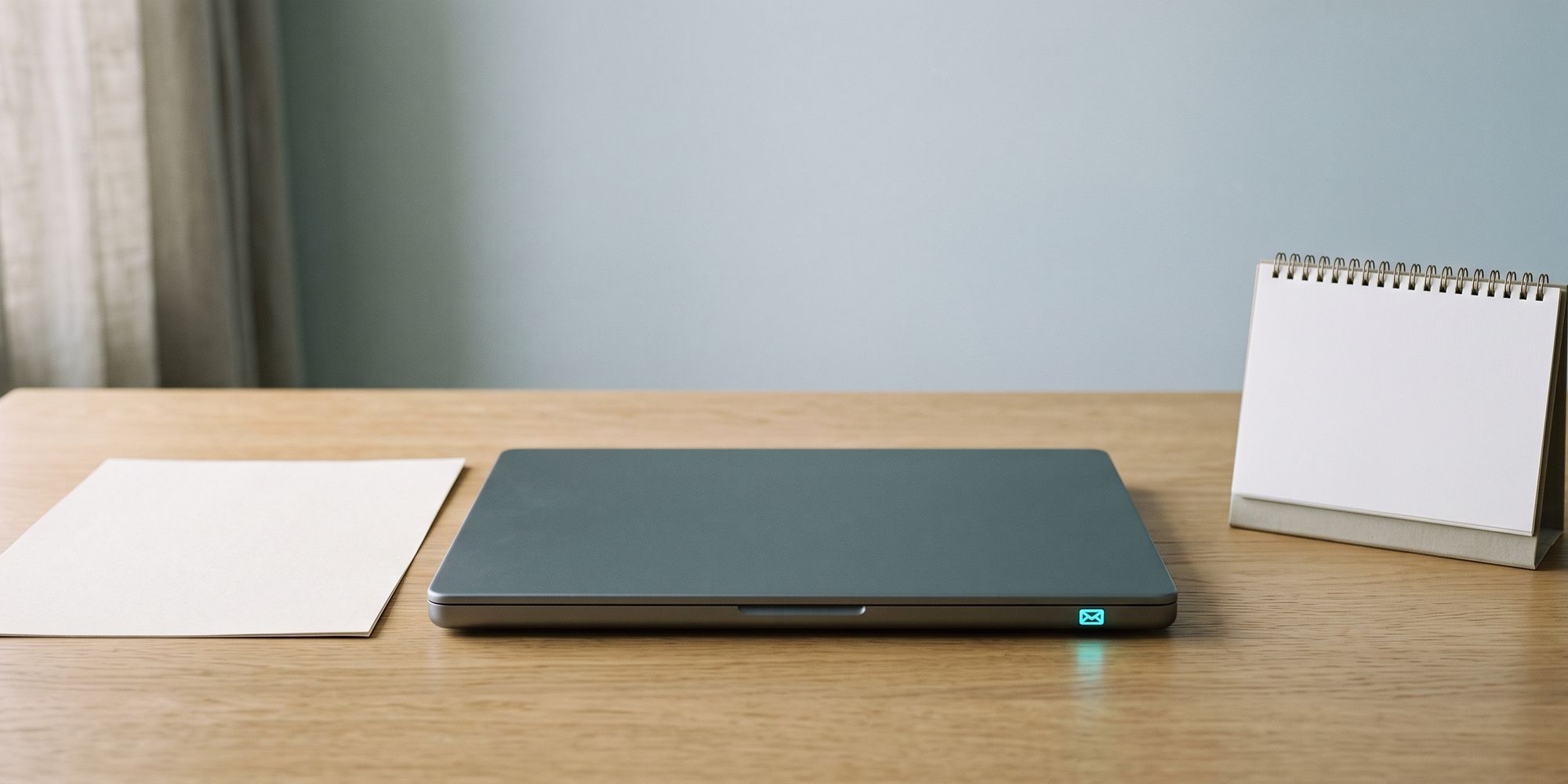 Stillleben: aufgeräumter Holzschreibtisch vor blaugrauer Wand, links ein leeres Blatt Papier, in der Mitte ein zugeklappter Laptop mit leuchtendem Briefsymbol, rechts ein Tischkalender mit leeren Blättern