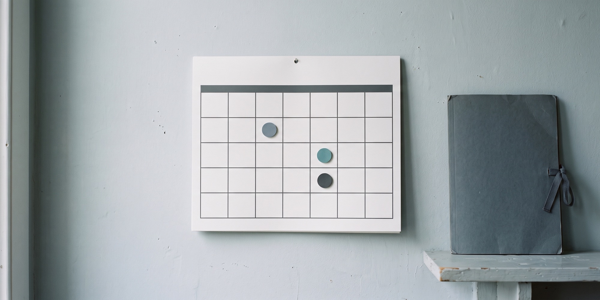 Wandkalender mit mehreren markierten Terminen, daneben ein aufgeschlagener Aktenordner als Sinnbild für gestaffelte Fristen