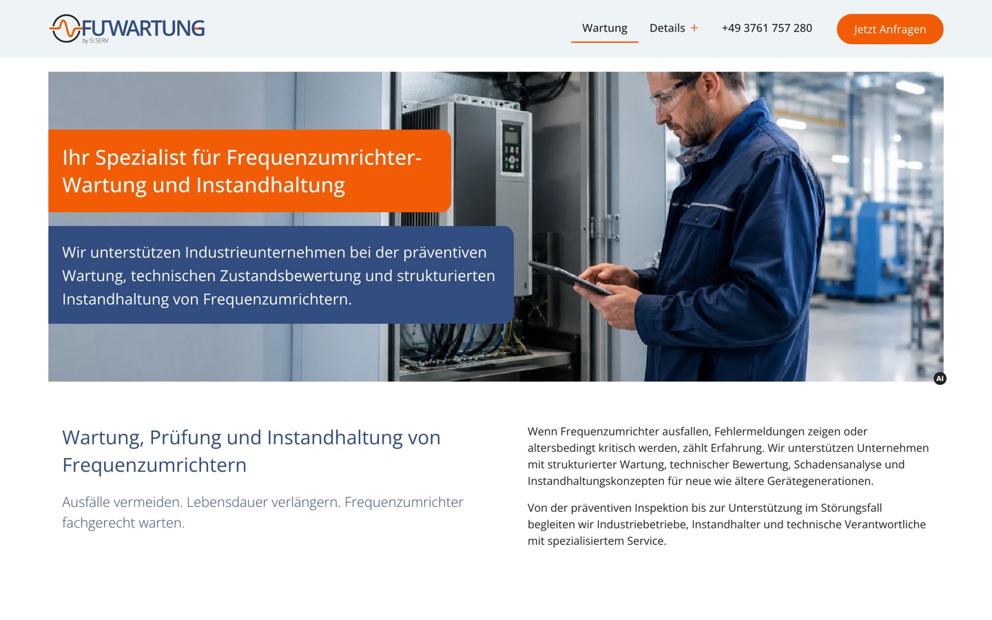 Startseite der Webseite von FU Wartung, Spezialist für Frequenzumrichter-Wartung