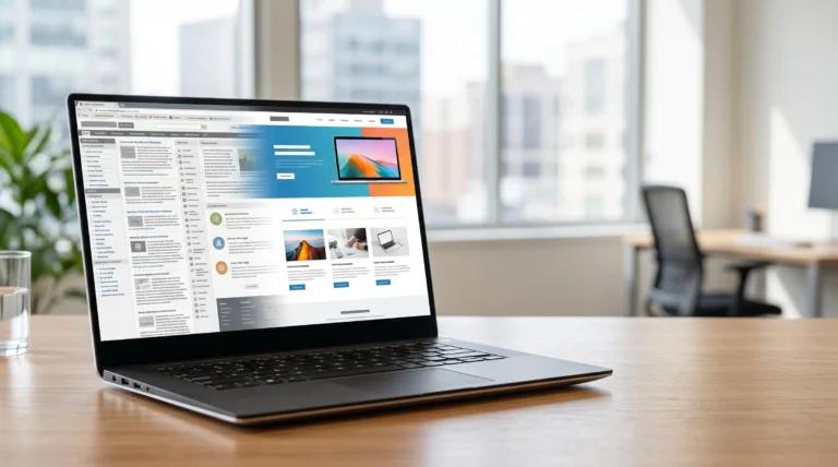 Laptop auf einem Schreibtisch im hellen Büro, auf dem Bildschirm wird eine veraltete Website zu einer modernen