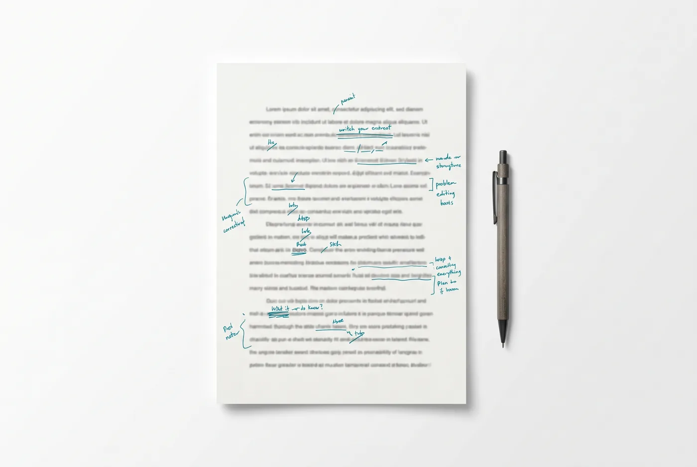 Ausgedrucktes Manuskript mit handschriftlichen Korrekturzeichen in Petrol, daneben ein Stift