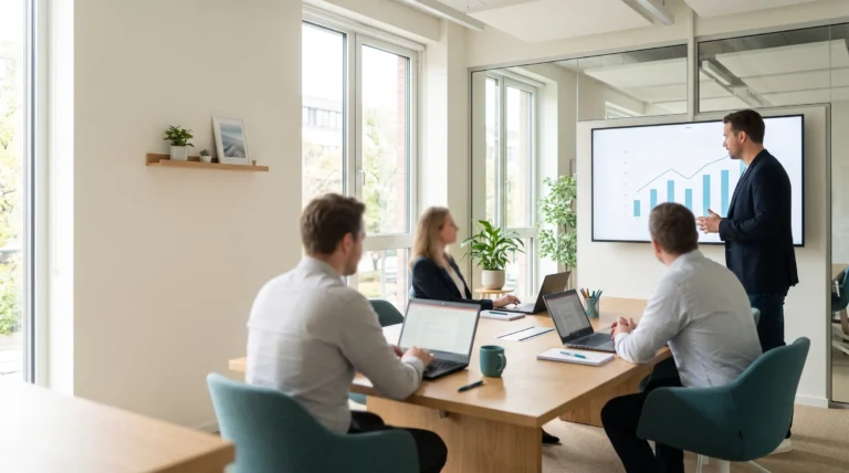 Berater erklärt einer kleinen Runde am Besprechungstisch ein Diagramm auf einem Wandbildschirm