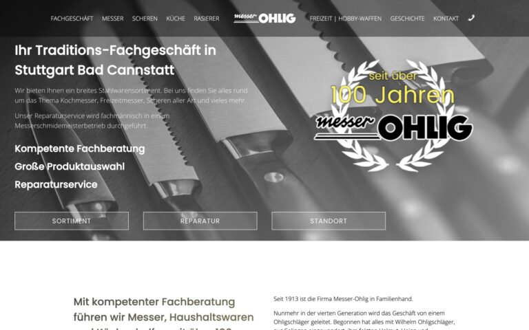 Startseite der Webseite von Messer Ohlig, Fachgeschäft für Messer und Haushaltswaren in Stuttgart