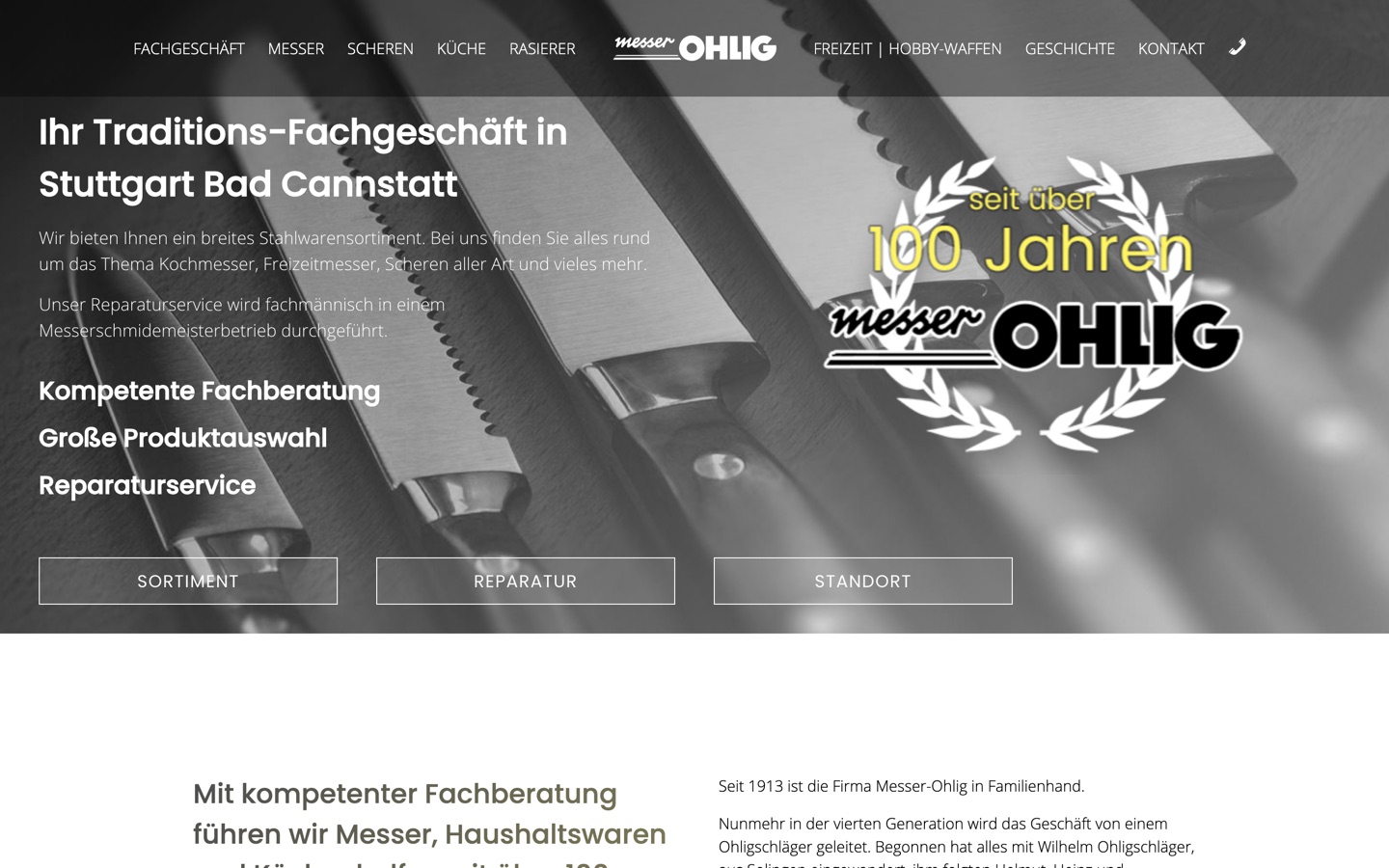 Startseite der Webseite von Messer Ohlig, Fachgeschäft für Messer und Haushaltswaren in Stuttgart