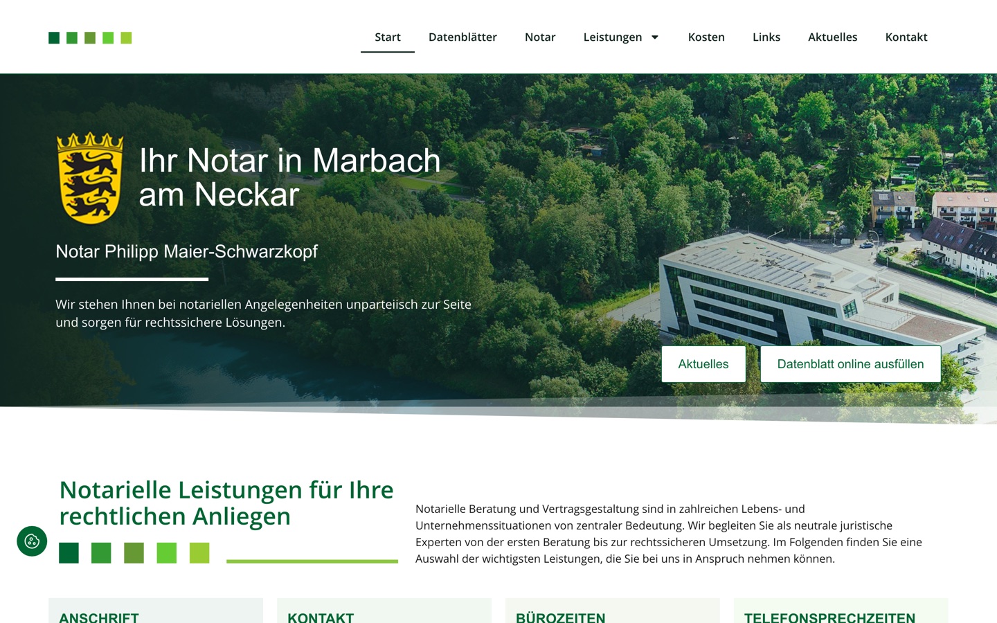 Startseite der Webseite von Notar Philipp Maier-Schwarzkopf in Marbach am Neckar