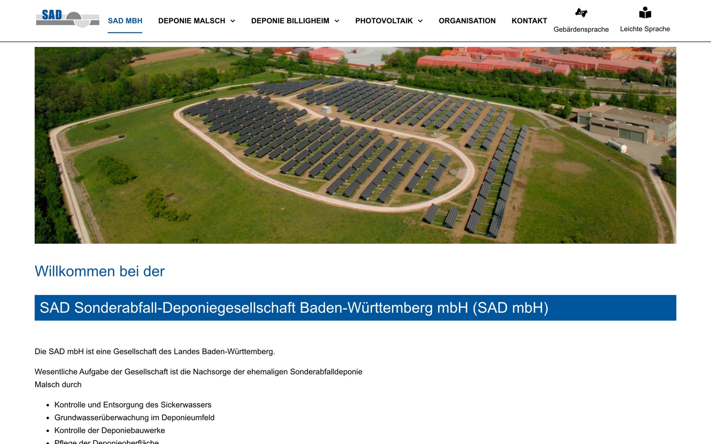 Startseite der Webseite der SAD Sonderabfall-Deponiegesellschaft Baden-Württemberg mbH