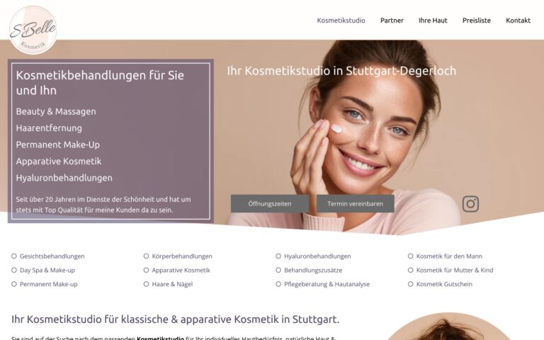 Startseite der Webseite von S Belle Kosmetik in Stuttgart-Degerloch