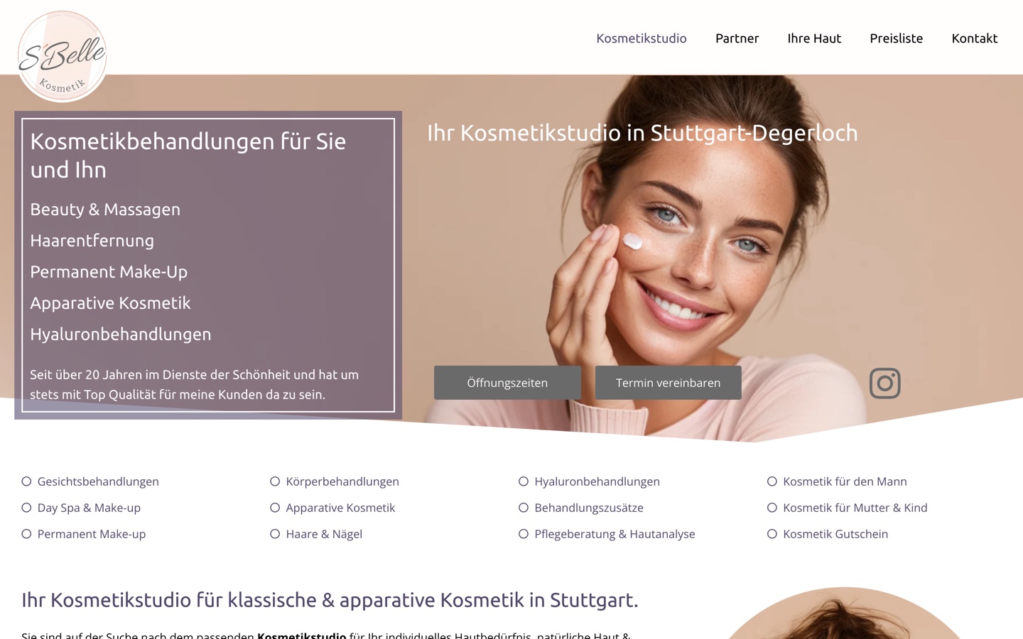 Startseite der Webseite von S Belle Kosmetik in Stuttgart-Degerloch