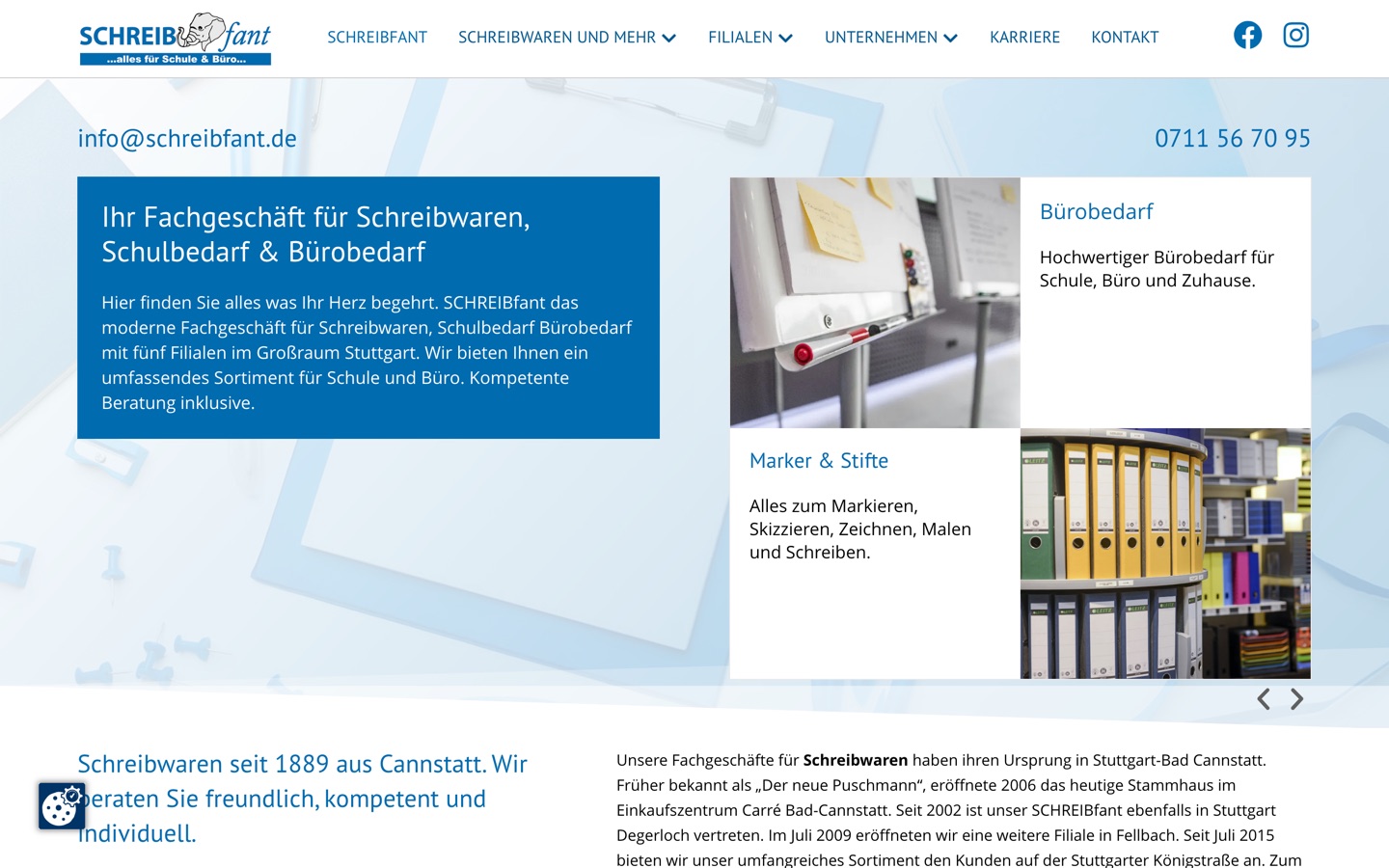 Startseite der Webseite von Schreibfant, Fachgeschäft für Schreibwaren und Schulbedarf in Stuttgart