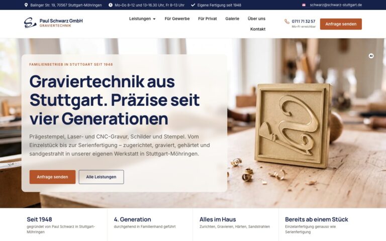 Startseite der Webseite der Paul Schwarz GmbH, Graviertechnik in Stuttgart-Möhringen