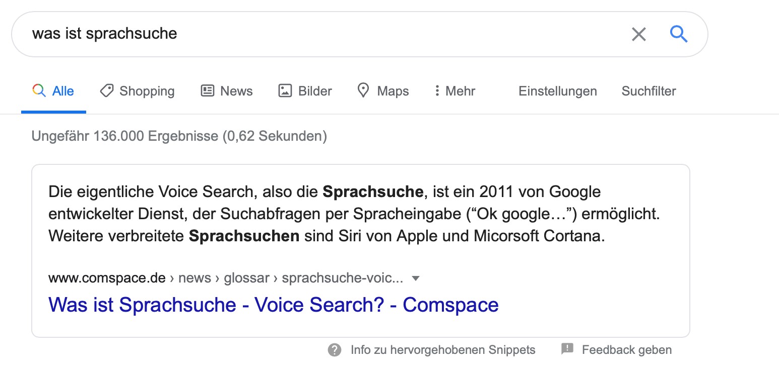 Position Null ist das Google Featured Snippet ganz oben über den ersten Suchergebnissen