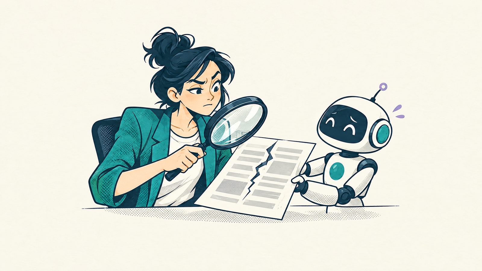 Comic-Illustration: Designerin prüft mit einer Lupe ein Blatt, das ein Roboter ihr reicht, und entdeckt darin einen Riss