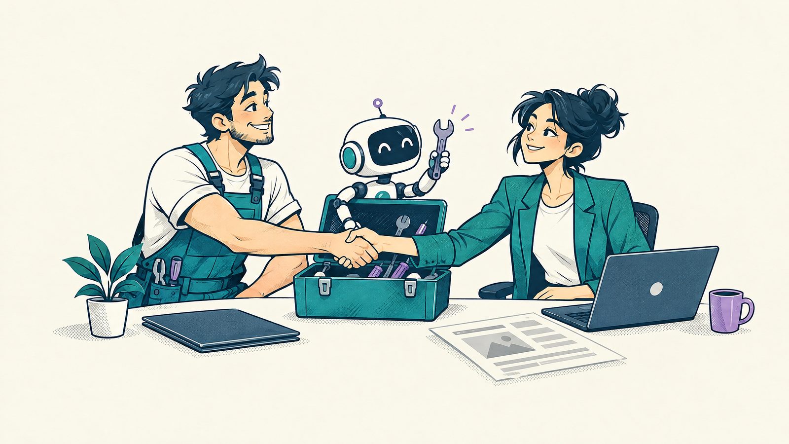 Comic-Illustration: Handwerker und Webdesignerin geben sich über einen Tisch die Hand, dazwischen ein Werkzeugkasten mit einem kleinen Roboter
