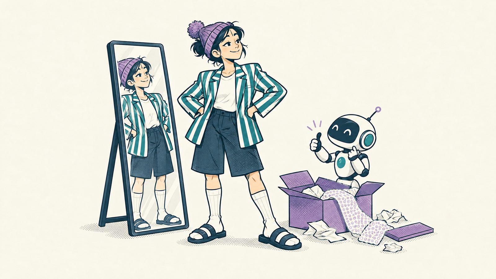 Comic-Illustration: Person steht stolz vor einem Spiegel in Sandalen mit weißen Tennissocken, Bermudashorts, gestreiftem Sakko und Wollmütze, daneben ein ausgepacktes Paket und ein Roboter, der zögerlich den Daumen hebt