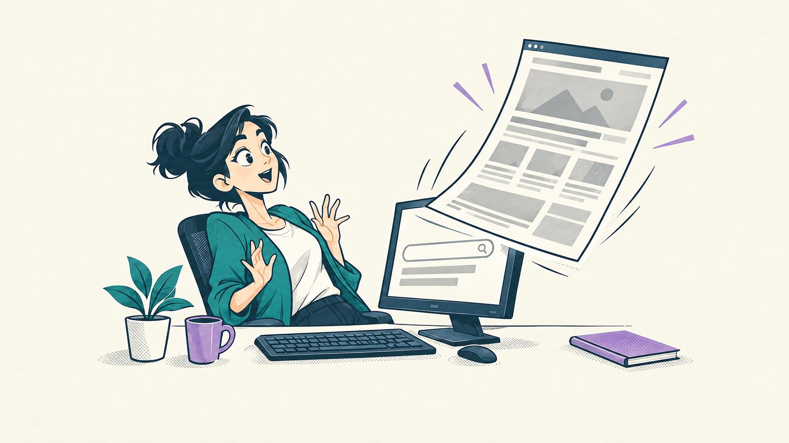Comic-Illustration: Person tippt zwei Worte in ein Suchfeld, aus dem Bildschirm schießt eine fertige Webseite heraus