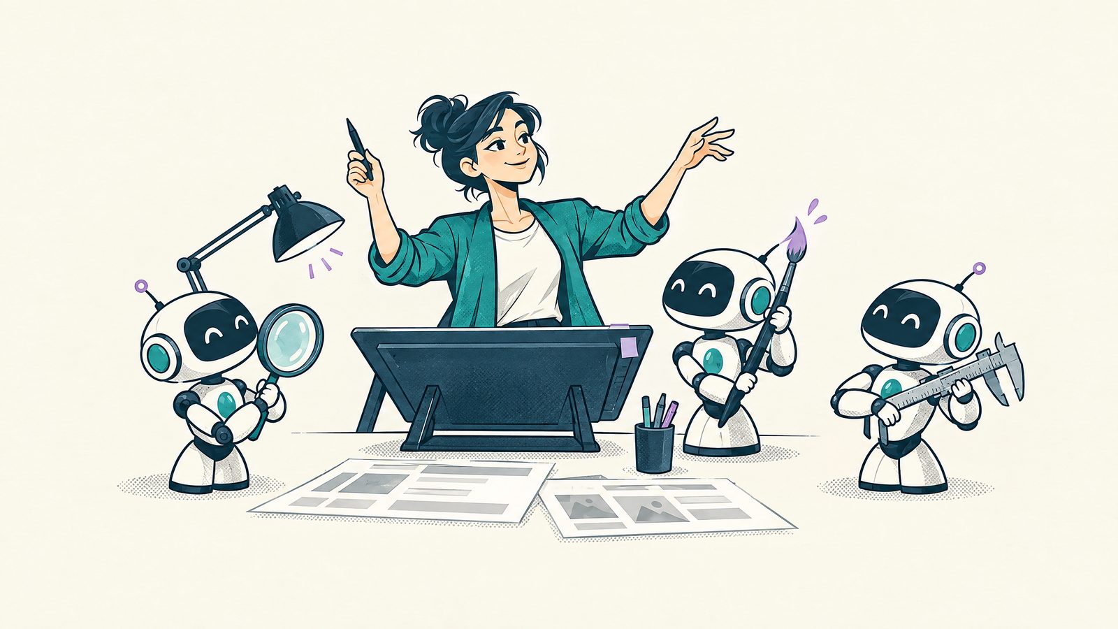 Comic-Illustration: Designerin dirigiert drei kleine Roboter mit Lupe, Pinsel und Messschieber wie ein Orchester