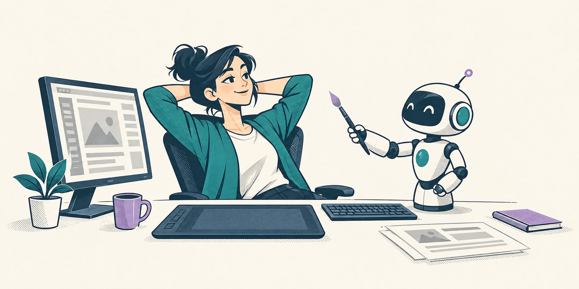 Comic-Illustration: Webdesignerin lehnt sich entspannt am Schreibtisch zurück, neben ihr reicht ein kleiner Roboter ihr einen Pinsel