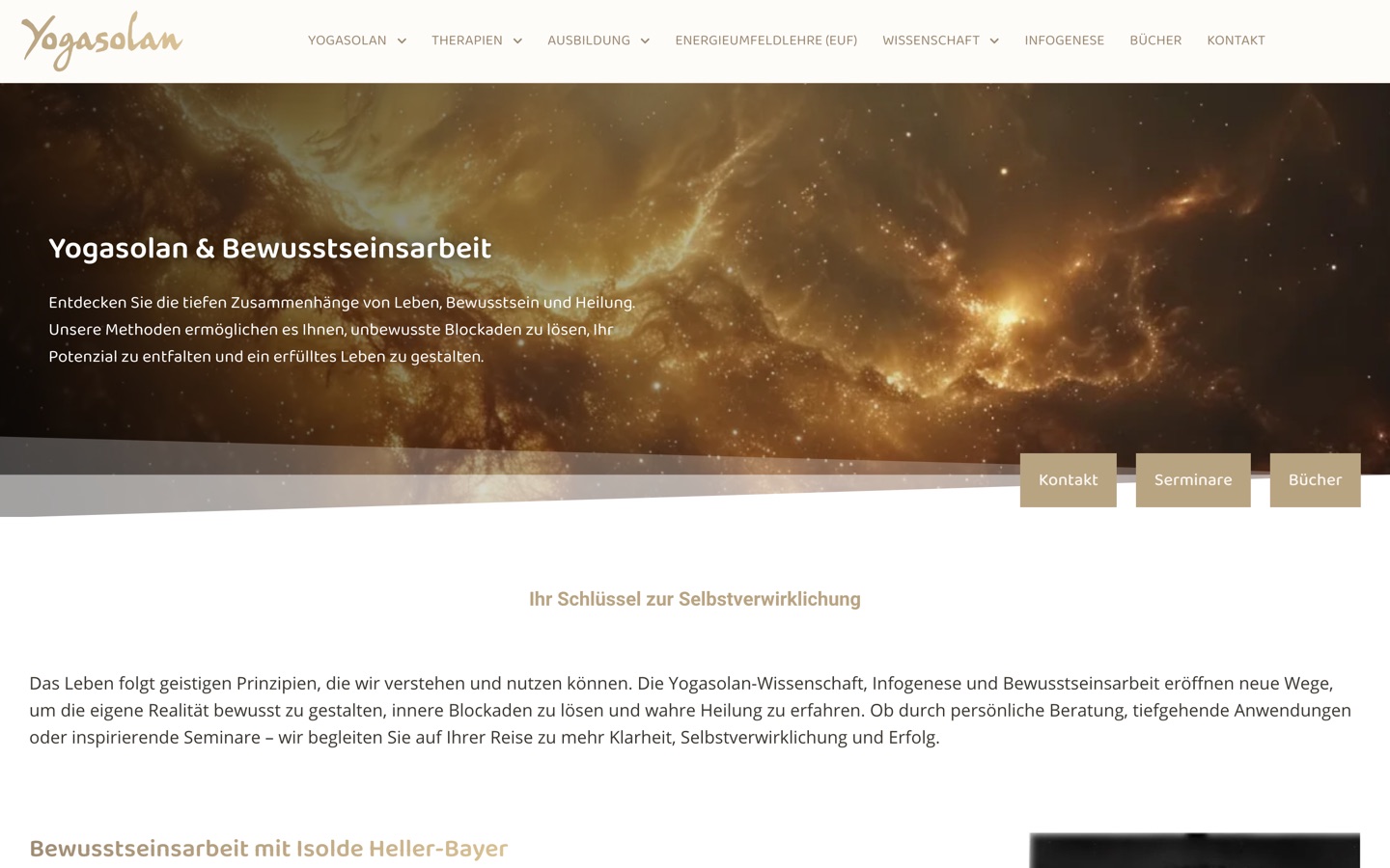 Startseite der Webseite von Yogasolan, Gesundheitszentrum für Bewusstseinsarbeit